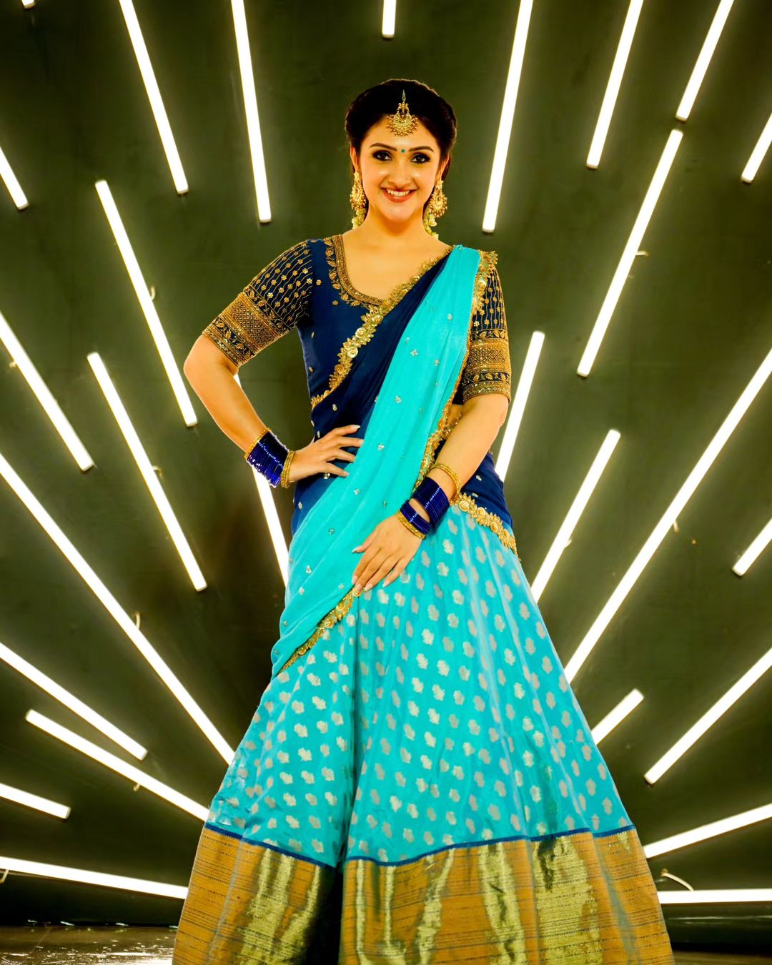 Telugu Tv Actress Sridevi Vijaykumar in Sky Blue Lehenga Choli